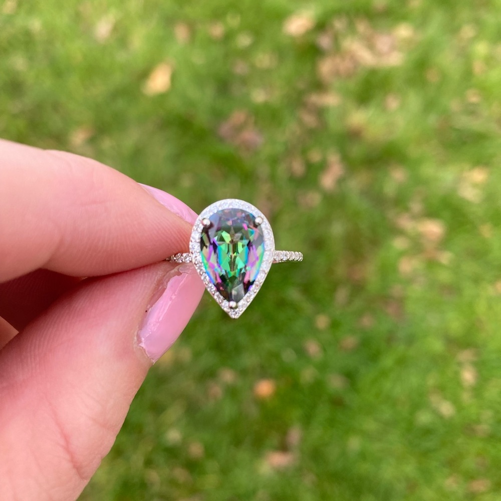 New Sterling Silver Genuine Mystic Topaz 4 CTTW Pear Shape Halo Ring Size 6.5 - Picture 3 of 6